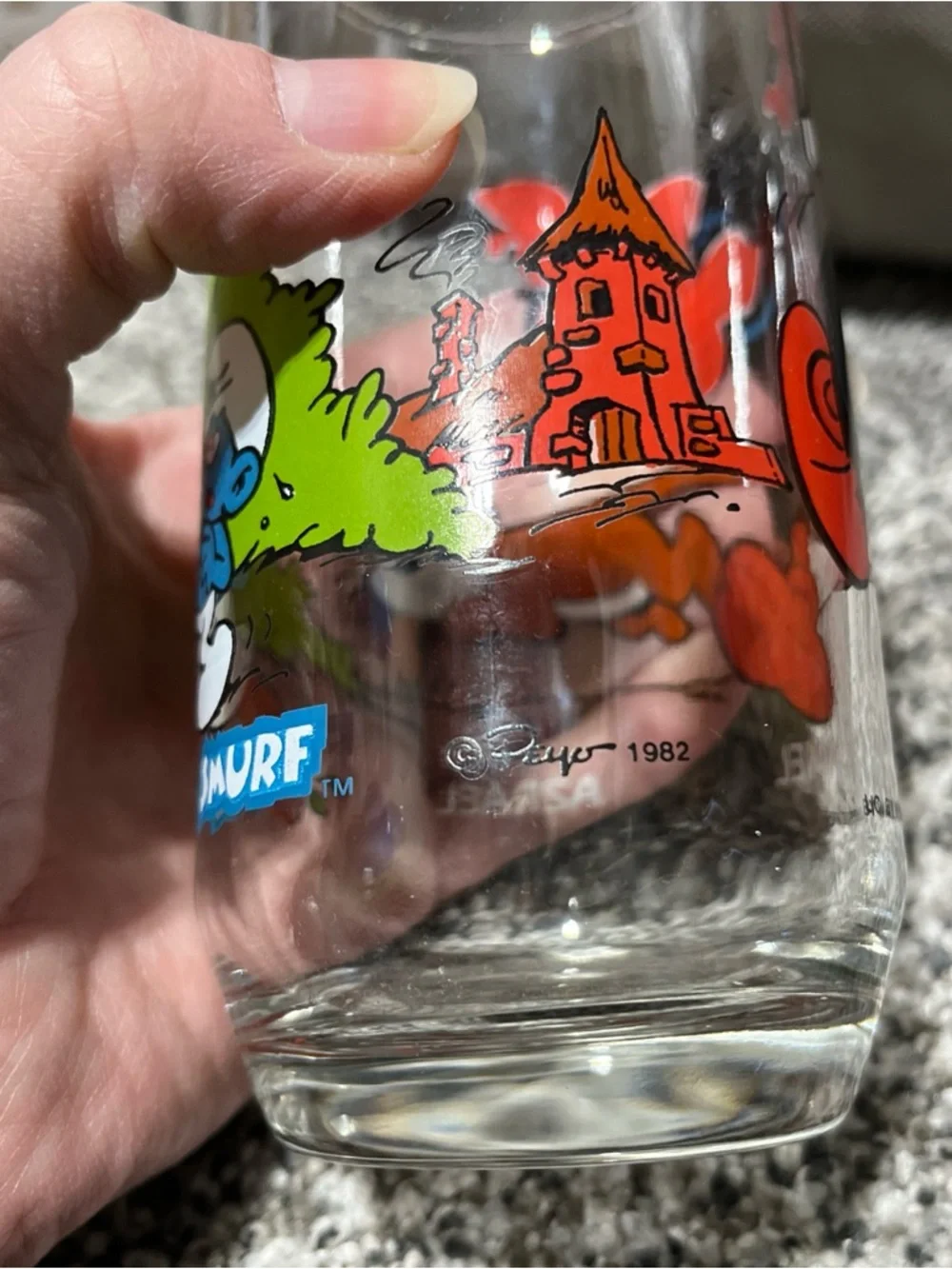 Smurf GARGAMEL & AZRAEL Glass Drinking Tumbler Wallace Berrie Peyo Vintage 1982